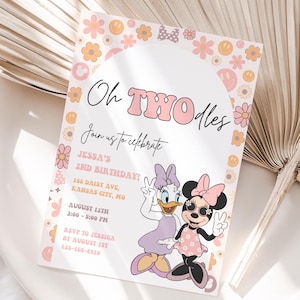 Invito di compleanno Oh Twodles, festa di Minnie, invito Oh Twoodles, Minnie Girl 2° compleanno, Daisy e Minnie segno di pace groovy rosa