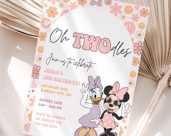 Oh Twodles Birthday invitation, Minnie mouse party, Oh Twoodles Invite, Minnie Girl 2nd birthday, Daisy and Minnie peace sign groovy pink
