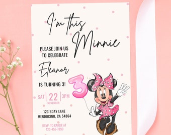 Invitación para el tercer cumpleaños de Minnie, fiesta de Minnie Mouse, decoración digital para el tercer cumpleaños de Minnie Girl, descarga instantánea de puntos rosados para niña de tres años