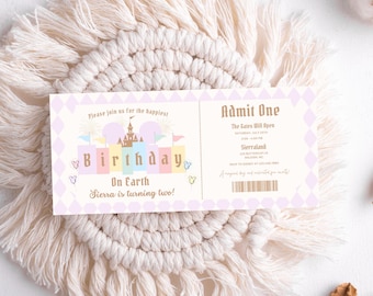 Invitación al cumpleaños más feliz del mundo, invitación de cumpleaños con arcoíris pastel vintage, globos del castillo de Minnie Mouse. Primer boleto. Segundo boleto. Tercer boleto. Cuarto boleto. Quinto boleto.
