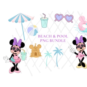 May include: A set of beach and pool-themed PNG graphics. Features Minnie Mouse characters in swimwear, sunglasses, and a bow. Includes a beach umbrella, beach ball, drink, heart-shaped sunglasses, a sandcastle, a pool float, and palm trees. Text reads "BEACH & POOL PNG BUNDLE."