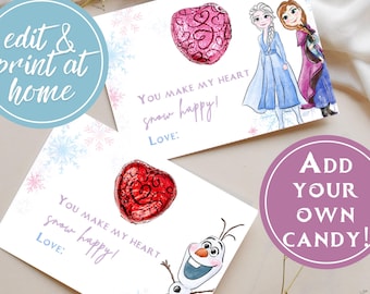 Custom Valentine's, Girl Class Valentines, Princess Valentine, Printable Cards tags, Frozen Princess Anna Olaf Elsa, Kids thank you cards