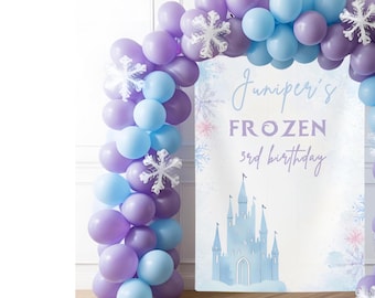 Fondo personalizado para fiesta de cumpleaños de Frozen, temática de princesas para niñas, decoración para cualquier edad, fondo del castillo de Elsa para guirnalda de globos, fotomatón, invierno.