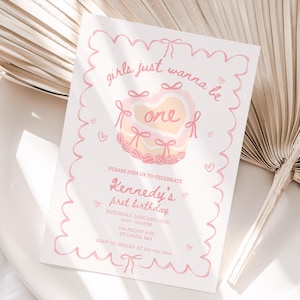 Girls Just Wanna Be One Invite, 1st Birthday Girl, Decor Bow Girls First invitation Party for 1st Bday, Vintage Cake Retro Preppy Pink fun
