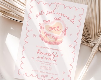Invitación "Girls Just Wanna Be One", primer cumpleaños de niña, lazo decorativo, primera invitación para fiesta de niñas para el primer cumpleaños, pastel vintage, estilo retro preppy, rosa divertido