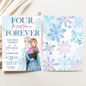 Vier zum ersten Mal in für immer gefrorene Geburtstagseinladung, Prinzessin Elsa Anna Olaf Party, Gefrorene Einladung, Aquarell Schneeflocken 4