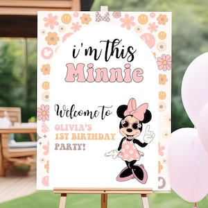 Minnie 1st Birthday welcome sign, Minnie mouse party, First Bday Invite, Girl birthday digital instant download pink dots groovy balloon one