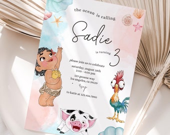 Baby Moana Birthday invitation, Moana first birthday party, luau moana Invite, 1st 2nd birthday hei hei ocean calling pua wave watercolor
