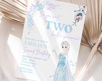 Gefrorene Geburtstagseinladung, Prinzessin Elsa Anna Olaf Party einladung, Wollen zwei einen Schneemann bauen? 2nd modern digital InTwo der Unbekannte blau