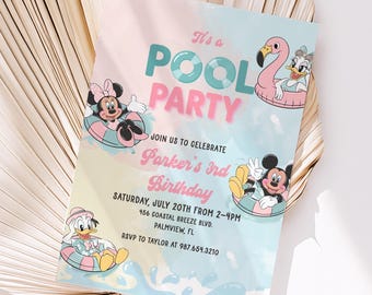Minnie Mouse pool party, Minnie Mickey Daisy Birthday invitation, Minnie Girl Boy any age birthday blue Pink summer 2nd 3rd 4th birthday