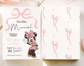 Invitación para el tercer cumpleaños de Minnie, fiesta de Minnie Mouse, Minnie Girl Third digital evite descarga instantánea con lunares rosas, lazo y cinta para niña de tres años