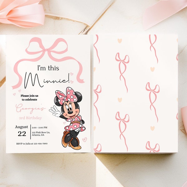 Minnie 3rd Birthday invitation, Minnie mouse party, Minnie Girl Third digital evite instant download pink dots three year old bow ribbon