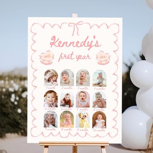 May include: A pink and white baby's first year photo collage with a scalloped border. The collage features 12 photos of a baby girl, each with a month label. The title of the collage is "Kennedy's first year".