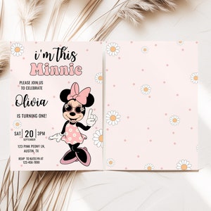 Minnie 1st Birthday invitation, Minnie mouse party, First Bday Invite, Girl birthday digital instant download pink dots groovy balloon one