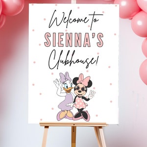 Cartello di benvenuto per il terzo compleanno di Minnie e Daisy, festa di Minnie, Groovy Girl Terzo compleanno download digitale istantaneo decorazione rosa Tre 3