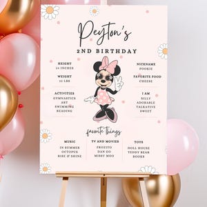 Könnte beinhalten: Ein rosa-weißes Geburtstagsschild mit einem Cartoon-Bild von Minnie Mouse, die eine Sonnenbrille trägt. Das Schild enthält den Text "Peyton's 2nd Birthday" und listet die Größe, das Gewicht, die Aktivitäten, die Lieblingsdinge und die Persönlichkeitsmerkmale des Kindes auf.