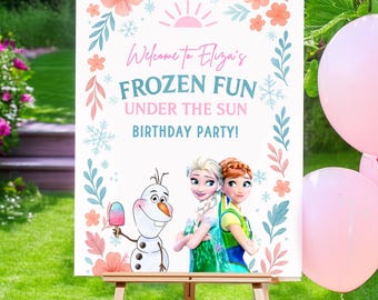 Cartello di benvenuto per la festa estiva di Frozen, festa in piscina con la principessa Elsa, Anna e Olaf, modello divertente per decorazioni per ragazze, download immediato.