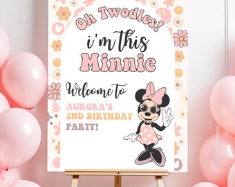 Letrero de bienvenida de cumpleaños de Oh Twodles, fiesta de Minnie Mouse, invitación genial de Oh Twodles, descarga instantánea digital de margaritas rosas para el segundo cumpleaños de una niña