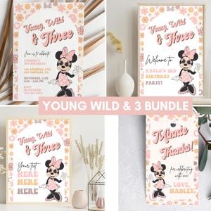 Puede incluir: Un conjunto de cuatro archivos digitales imprimibles con una Minnie Mouse de dibujos animados con el texto "Young, Wild & Three" y "Minnie Thanks!" en un esquema de color rosa y blanco con acentos florales.