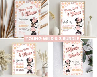 Groovy Minnie 3rd Birthday invitation Bundle, Mouse Girl Third birthday party decor digital evite instant download Young Wild Three welcome