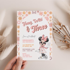 Groovy Minnie 3.Geburtstagseinladung, Minnie Maus Mädchen dritten Geburtstag Party Dekor digital evite sofort download Junge Wild & Drei rosa
