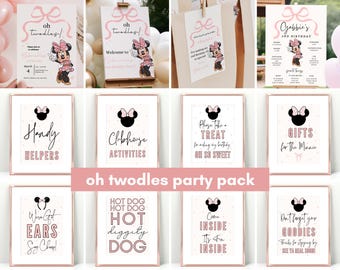 Oh Twodles Birthday invitation bundle, Minnie mouse party, Pink Bow Invite Decor Decorations, Welcome Sign, Thank you tags, ears and hotdog