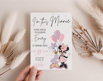 Minnie Geburtstagseinladung, Minnie Maus, Daisy Girl dritter Geburtstag Dekor digitale evite sofort download rosa Punkte drei Jahre alt