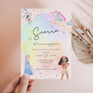 May include: A pink and blue birthday invitation with a rainbow watercolor background. The invitation features a unicorn, Elsa from Frozen, Moana, and gold glitter. The text on the invitation reads "Sierra is turning four" and includes the date, time, and location of the party.