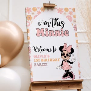 Placa de boas-vindas para o primeiro aniversário da Minnie, festa da Minnie, convite para o primeiro aniversário, download instantâneo digital de balões de bolinhas rosa imagem 2