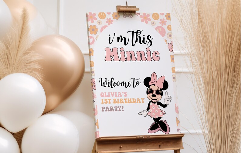 Placa de boas-vindas para o primeiro aniversário da Minnie, festa da Minnie, convite para o primeiro aniversário, download instantâneo digital de balões de bolinhas rosa imagem 2