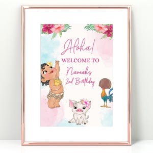 Baby Moana Birthday welcome sign, 1st 2nd 3rd 4th 5th 6th luau moana aloha, hei hei ocean decor welcome poster decorations Maui flowers image 2
