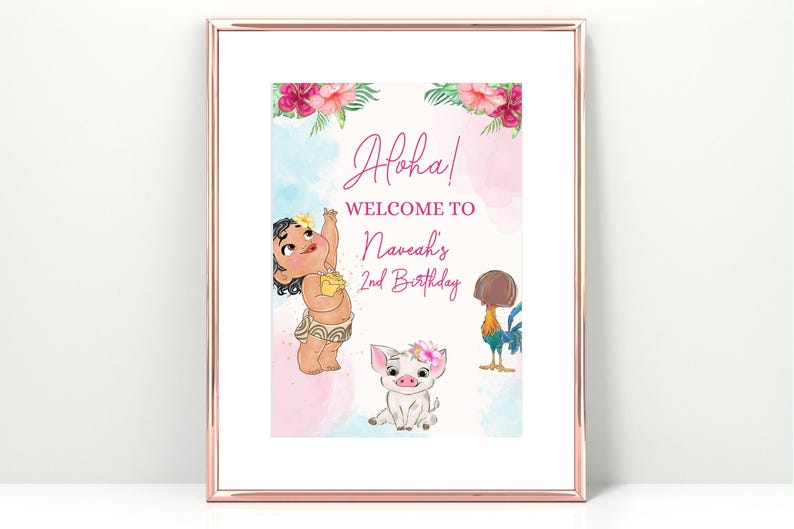 Baby Moana Birthday welcome sign, 1st 2nd 3rd 4th 5th 6th luau moana aloha, hei hei ocean decor welcome poster decorations Maui flowers image 2