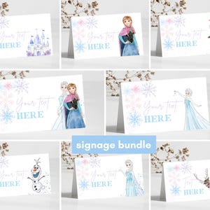 Decorazioni per compleanno Frozen, cartelli, festa della principessa Elsa, Anna e Olaf, decorazioni Frozen, castello con fiocchi di neve, etichette per poster e cibo, download per 2°, 3°, 4° e 5° compleanno.
