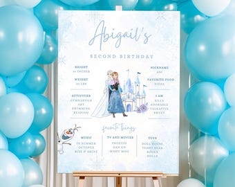 Frost vinter födelsedagsmilstolpe, vinterunderland, vinterprinsessa, festdekorationer, redigerbar mall, affischdekor, favoriter