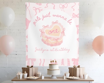 コケット 1歳の誕生日 屋内壁掛けタペストリー、女の子はただ1人になりたいバナー、パーソナライズされたリボン背景、レトロなケーキサイン、1歳の誕生日の装飾、