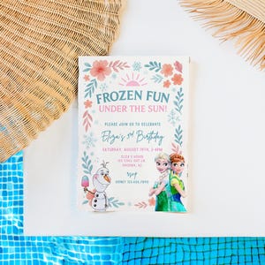 May include: A party invitation with the text "FROZEN FUN UNDER THE SUN!" and "Eliza's 3rd Birthday." The invitation features illustrations of characters from the movie Frozen, including Olaf, Elsa, and Anna, with floral and snowflake accents.