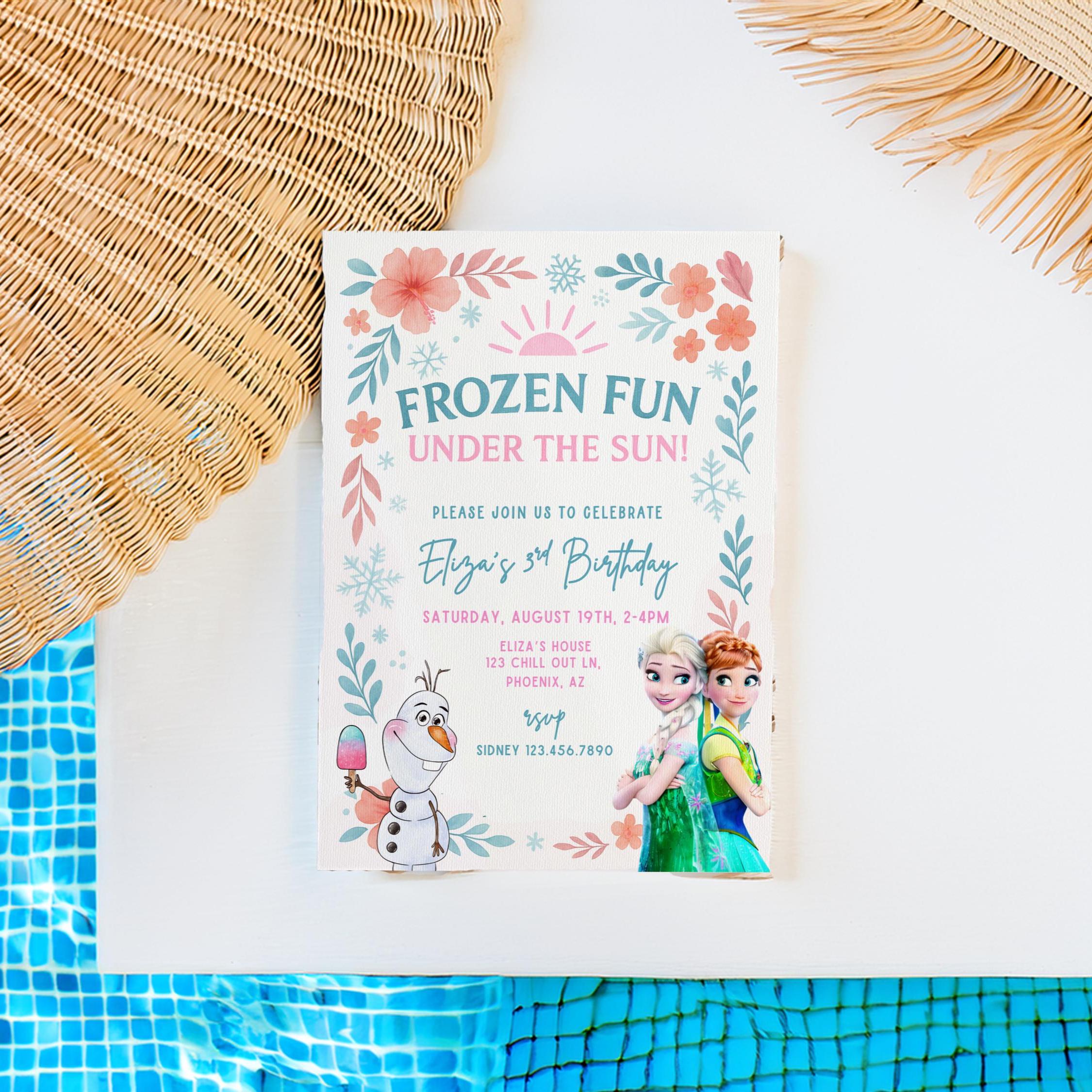 Frozen Fun Summer Party Birthday invitation, Pool party Princess Elsa Anna Olaf Invite  2nd 3rd 4th 5th template girl decor instant download