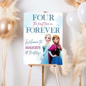 Placa de boas-vindas de aniversário congelado, festa da princesa Elsa, decoração congelada, decorações 4º pôster digital para download Quatro pela primeira vez em azul para sempre