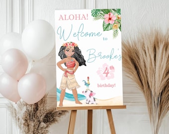 May include: A white sign with a tropical theme featuring a cartoon character with brown hair and a flower crown. The sign says "Aloha! Welcome to Brooke's 4th birthday!"