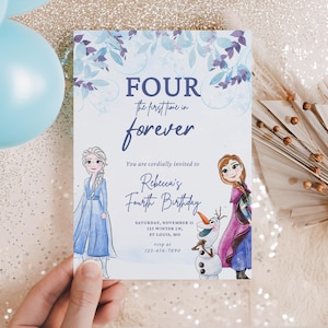 Four the First time in Forever Frozen Birthday invitation, For Princess Elsa Anna Olaf party, Frozen Invite, Watercolor 4th winter ice evite