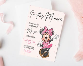 Invitación de tercer cumpleaños de Minnie, fiesta de Minnie Mouse, decoración de tercer cumpleaños de Minnie Girl, descarga instantánea digital de evite, acuarela rosa tres