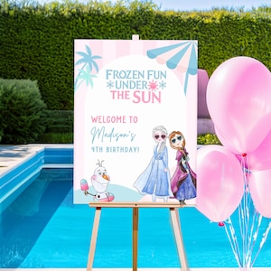 May include: A party sign on an easel with the text "Frozen Fun Under The Sun" and "Welcome to Madison's 4th Birthday!" features illustrations of characters from the movie Frozen, including Elsa, Anna, and Olaf. Pink balloons are tied to the easel.