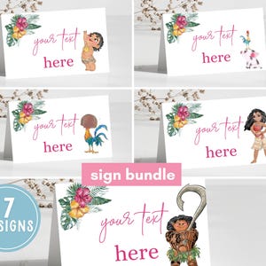 May include: A set of 7 printable Moana themed table cards featuring tropical leaves and flowers. Each card has a different character from the film and the text "your text here".