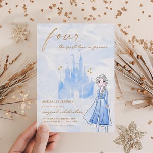 Four the First time in Forever Frozen Birthday invitation, Princess Elsa Anna Olaf party, Frozen Invite, Watercolor Gold Blue 4th template