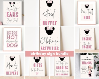 Minnie Birthday party signs bundle, mouse party, Twoodles Twodles Minnie Girl decor welcome ears hotdog thank you gift tags gifts clubhouse