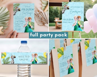 Invito per festa in piscina Frozen, invito per compleanno, estate, primavera, principessa Elsa, Anna, Olaf, 2°, 3°, 4°, 5°, decorazione, cartello di benvenuto, grazie, etichette regalo