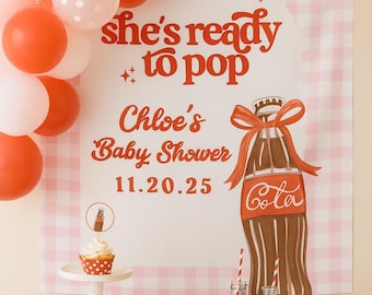 Banner de baby shower "She's Ready to Pop", decoraciones para fiesta de baby shower de Coquette Cola, fondo fotográfico retro para baby shower, refresco para parejas
