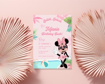 Minnie mouse Pool Party, 1st Groovy Invite, Summer birthday digital instant sunglasses, First invitation swimsuit swim pastel purple pink