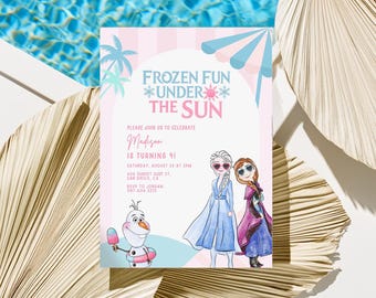 Frozen Fun Summer Party Birthday invitation, Pool party Princess Elsa Anna Olaf Invite  2nd 3rd 4th 5th template girl decor instant download