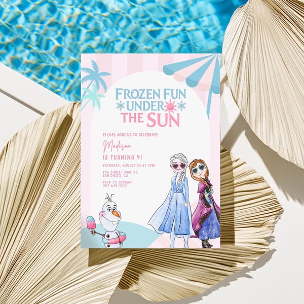 Frozen Fun Summer Party verjaardagsuitnodiging, pool party prinses Elsa Anna Olaf uitnodigen 2e 3e 4e 5e sjabloon meisje decor instant download